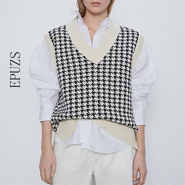 

women 2020 fashion oversized knitted vest sweater v neck sleeveless houndstooth loose female waistcoat chic lj201017, White;black