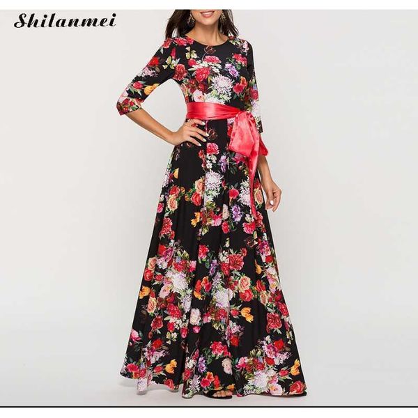 

vintage floral party long dress women 2020 autumn elegant o neck 3/4 sleeve maxi dresses casual boho bow lace up long dress1, Black;gray