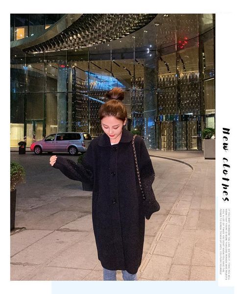 

autumn and winter 2020 new korean loose medium length thickened double-sided ni fashion loose coat for women1, Black
