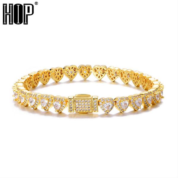 

link, chain hip hop 7mm bling iced out heart box buckle cz copper setting + cubic zirconia stones bracelet for men women jewelry, Black