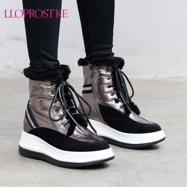 

boots lloprost ke 2021 winter women shoes 100% nature wool cow leather thick fur warm snow lace up platform ankle1, Black