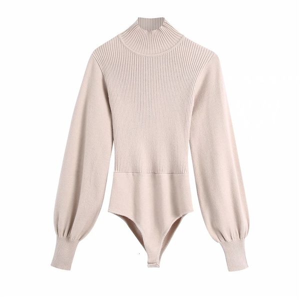 

new 2021 knitted turtleneck women winter warm puff long sleeve bodysuit woman one piece backless bodysuits py10, Gray