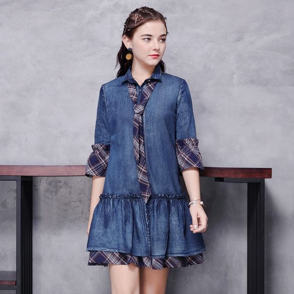 

2021 black friday fall new small loose ruffled denim skirt stitching short sleeve dress 82206, White