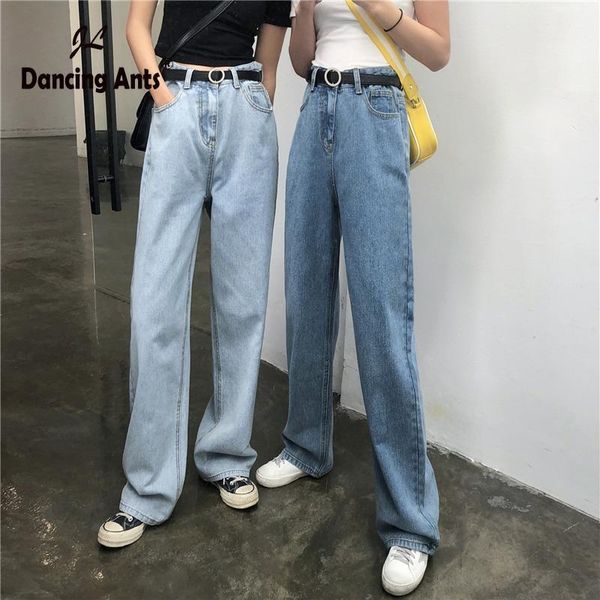 

women jeans high waist zipper pockets straight denim pants new female korean fashion vintage loose trousers1, Blue