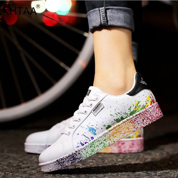 

women flat sneakers lace up colorful graffiti 2020 spring platform female pu flats fashion ladies walking vulcanized shoes new c1011, Black;white