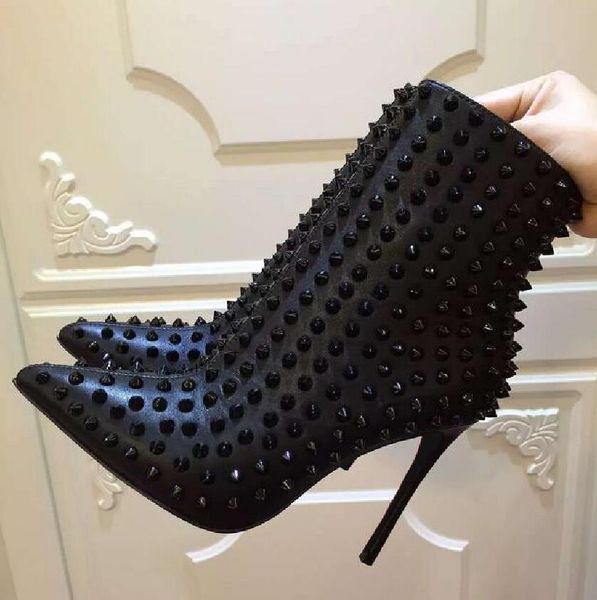 

women boots high heel ankle boots women red bottom pointed toe short boots rivets studded spike love graffiti short botas zapatos mujer, Black