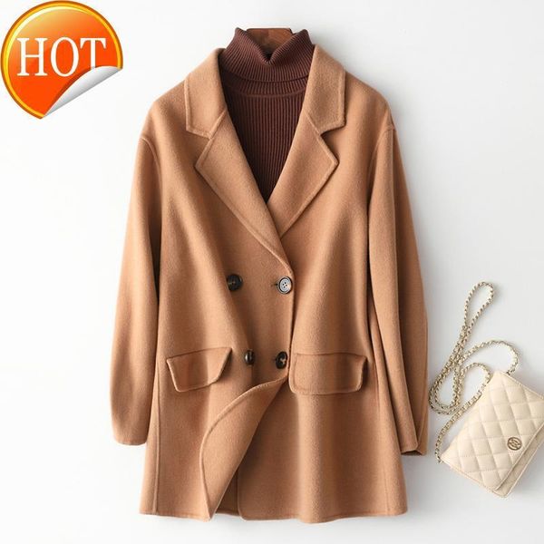 

men's wool & blends woollen coat women's small overcoat gentle medium length double faced cloth fashion winter 20211, Black