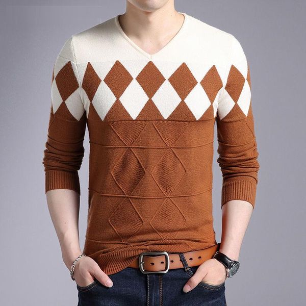 

men's sweaters 2021 autumn winter cashmere wool sweater fine fit male pullovers argyle pattern v-neck pull homme christmas, White;black