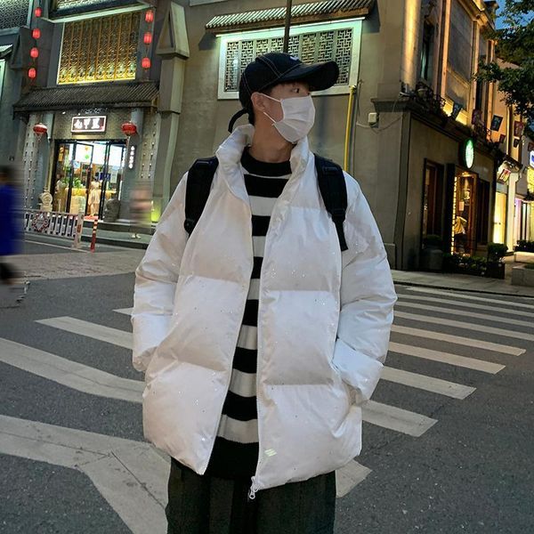 

autumn winter shiny parkas men korean harajuku warm jackets 2021 male stand collar casual thicken coats parka streetwear fashion1, Black