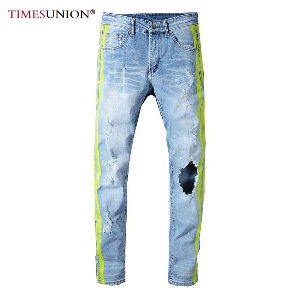 

blue jeans men neon yellow color lines patchwork ripped jeans fashion holes destroyed denim stretch pants