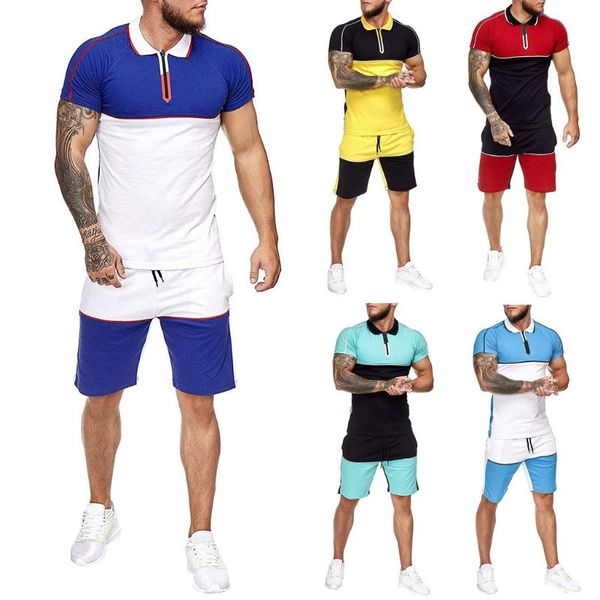 

gym clothing men's summer casual short-sleeved t-shirt shorts suit mens home stripe color collision sports thin sets, White;black