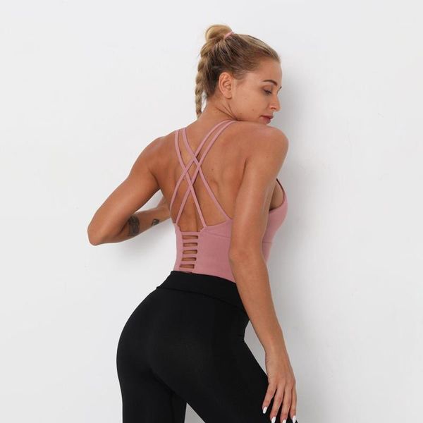 

yoga outfits woman seamless bralette stretchy cross back straps hollow out breathable running camisole padded proof sling vest1, White;red