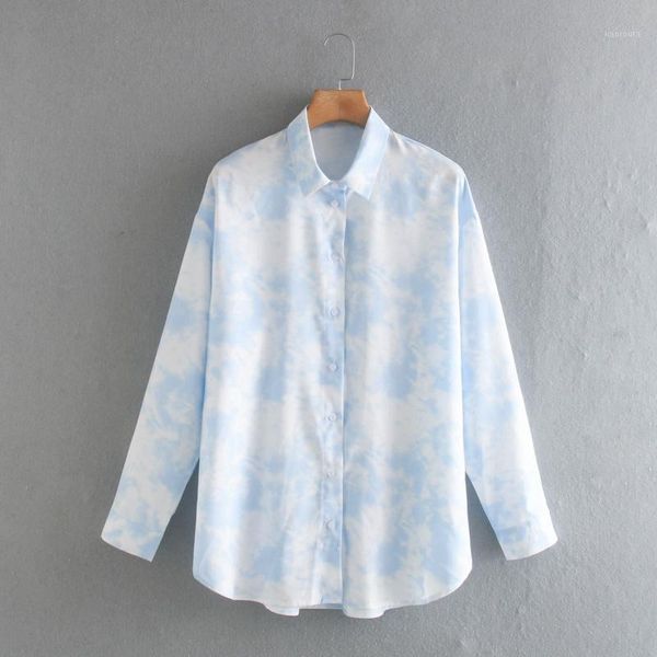 

blue tie-dye print blouse women long sleeve formal shirt 2021 autumn lapel ladies blouse streetwear shirts for women1, White