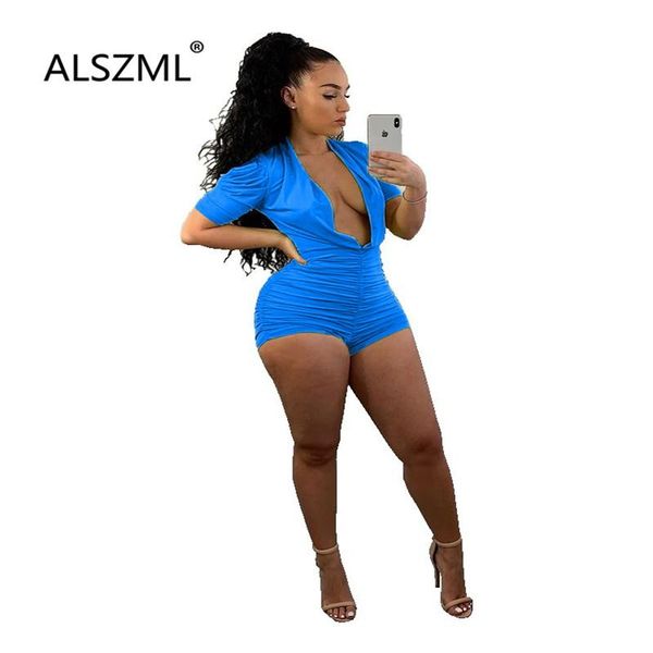 

women's deep v-neck short sleeve summer playsuits ruched design tight shorts club catsuits, Black;white