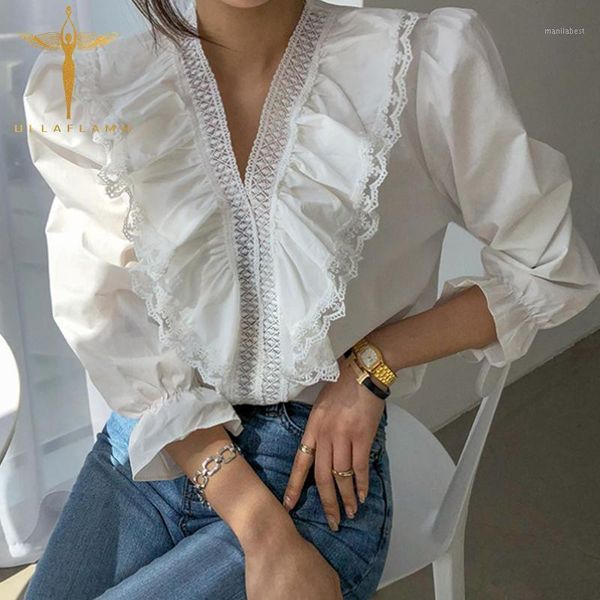 

v-neck lace splice puff sleeve women blouse korean ruffle loose long sleeve female blouse autumn white elegant shirt clothes1