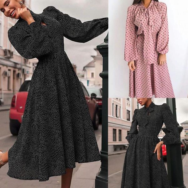 

casual dresses autumn winter women scarf neck long sleeve polka dot chiffon dress bowknot tie french elegant and cute robe noel fashion f4, Black;gray