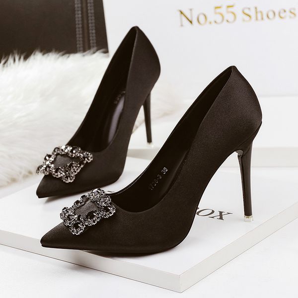 

women's shoes pumps point shallow mouth .5cm high heels nightclub stiletto buckle diamond rhinestone wedding shoes c0202, Black
