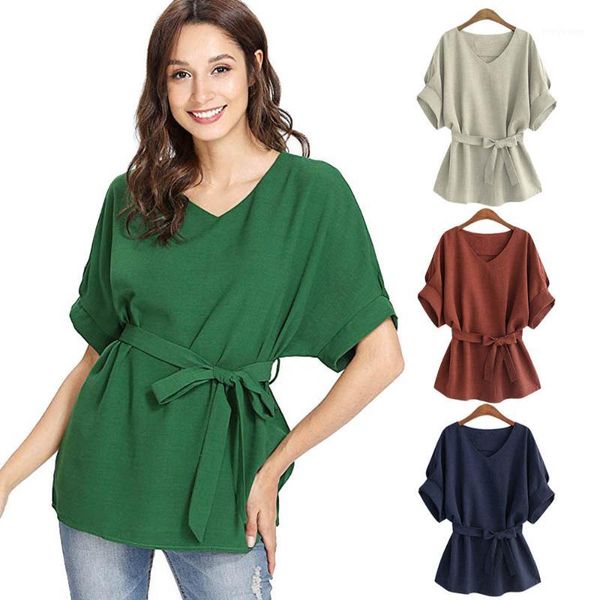 

womail fashion women s blouses shirt 2019 tie solid color v-neck casual female short sleeve blouse camisa das mulheres1, White