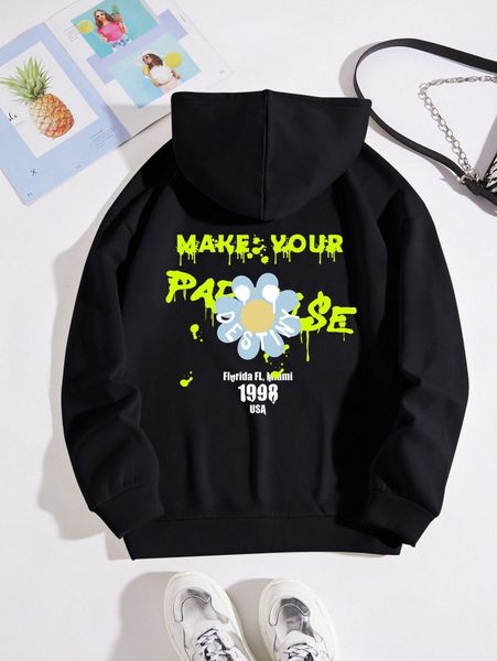 

floral & slogan graphic drawstring thermal lined hoodie e5wf#, White;black