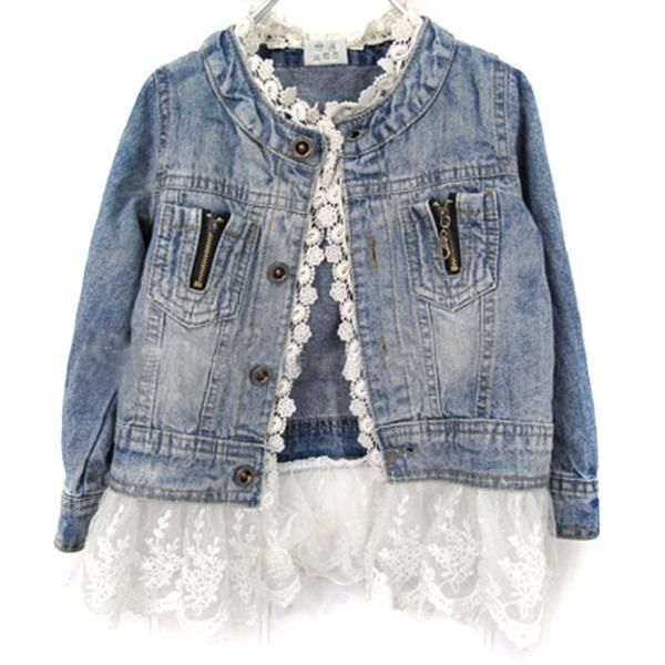 

jackets girls jean kids lace coat long sleeve button denim for 2-7y, Blue;gray