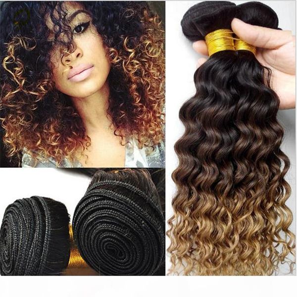 

deep curly wave #1b 4 27 honey blonde ombre indian human hair bundles deals 3pcs three tone ombre virgin human hair weave extensions, Black