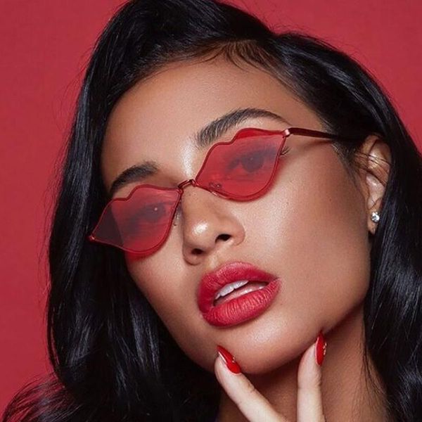 

sunglasses fashion designer lady big red lip frames, White;black