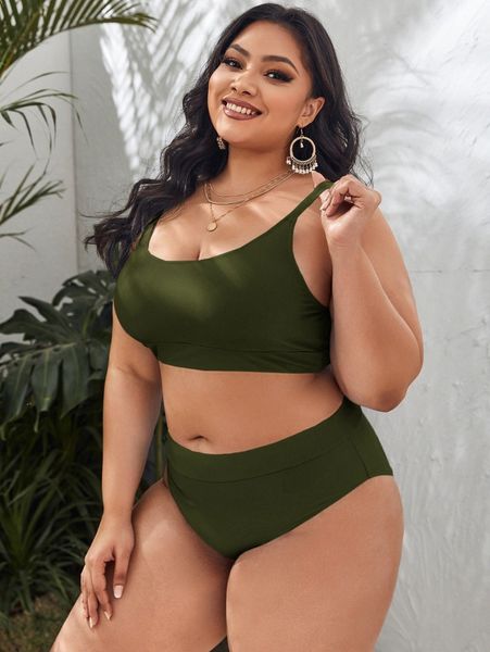 

plus rib high waisted bikini swimsuit e95d#, Black