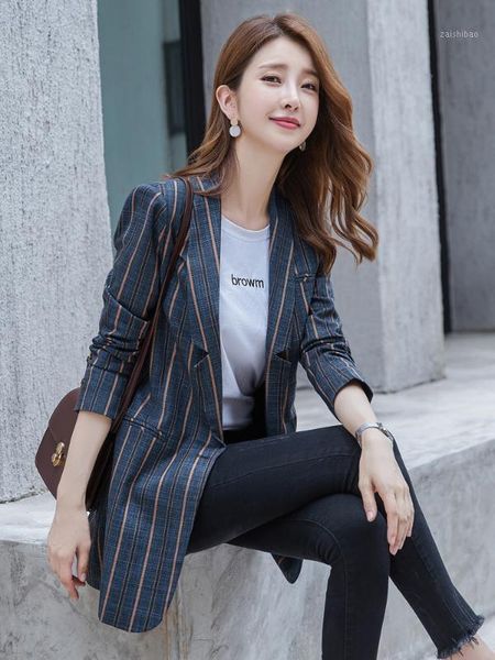 

women's single coat 2020 autumn new fashion temperament casual stripes loose single buckle small suit women's shirt1, White;black