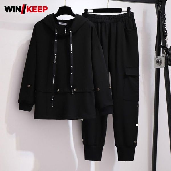 

running sets plus size ladies sports suit hooded pullover women solid sportswear oversized thickening warm autumn winter casual two piece se, Black;blue