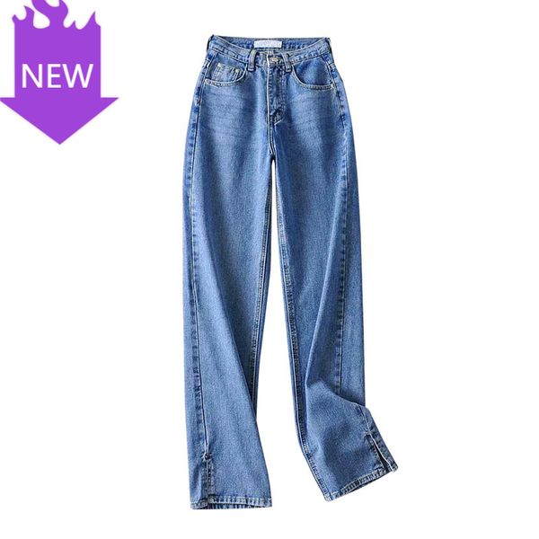 

autumn winter casual split washed mom fashion trousers women's pants straight leg jeans women high waist slim loose, Blue