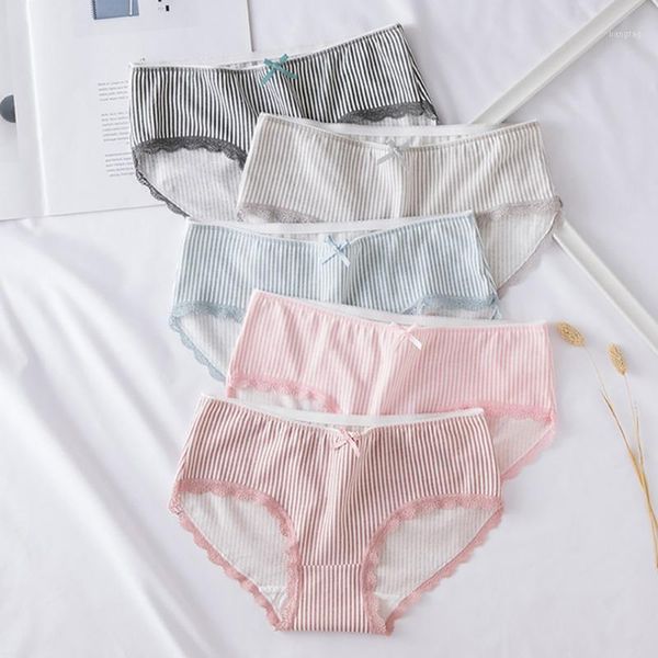 

women underpants striped print lace bow briefs cute plus size thin breathable seamless panties1, Black;pink