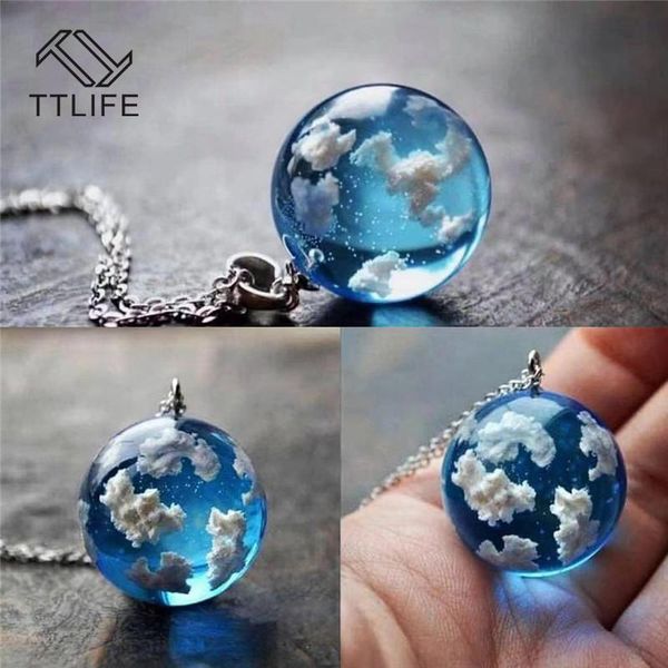 

pendant necklaces creative handmade blue sky white cloud transparent spherical resin clavicle chain necklace pendants christmas, Silver
