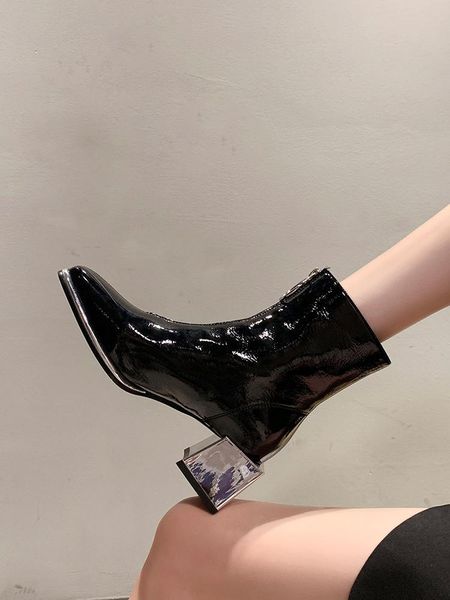 

рок обувь женщина белый mid-теленок сапоги кожаные пинетки круглый toe низкие каблуки пинетки зимняя обувь short med осень ladies, Black