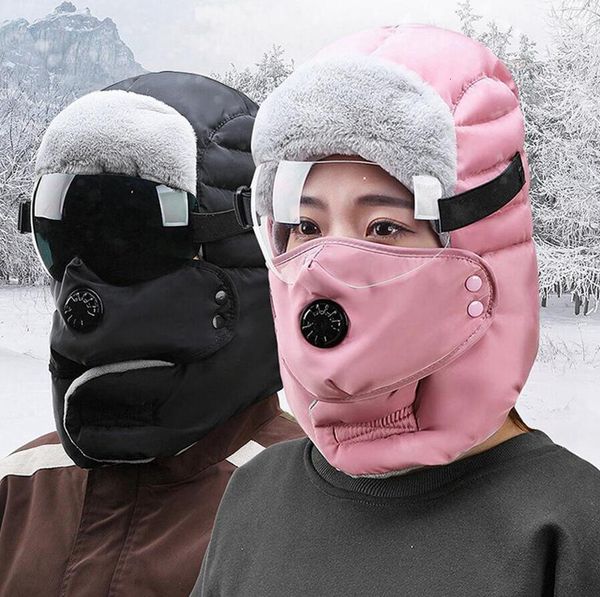 

winter trapper hat windproof cycling hood hats eye clear shield thick warm facial protection with ear flaps mask outdoor ski cap ljjp806, Blue;gray