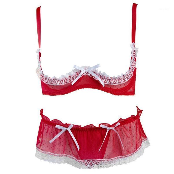 

2 piece lingerie set for women exquisite embroidery bra and crotchless panty set babydoll-open thong1, Red;black