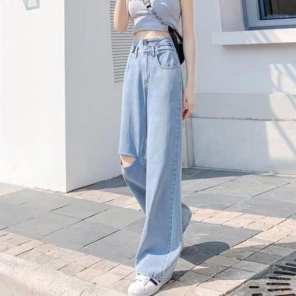 

woman jeans ripped clothes high waisted new summer streetwear baggy wide leg vintage fashion stretch harajuku straight pants1, Blue