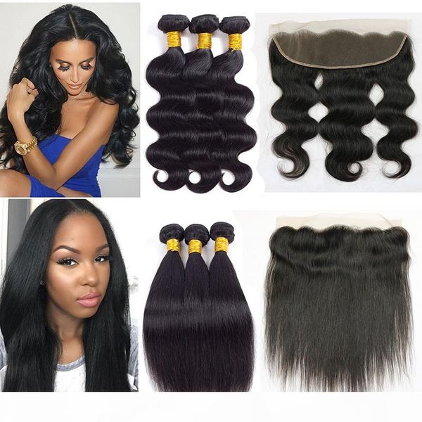 

8a mink brazillian body wave hair with lace frontal brazilian peruvian indian virgin straight human hair bundles with frontal weaves closure, Black;brown