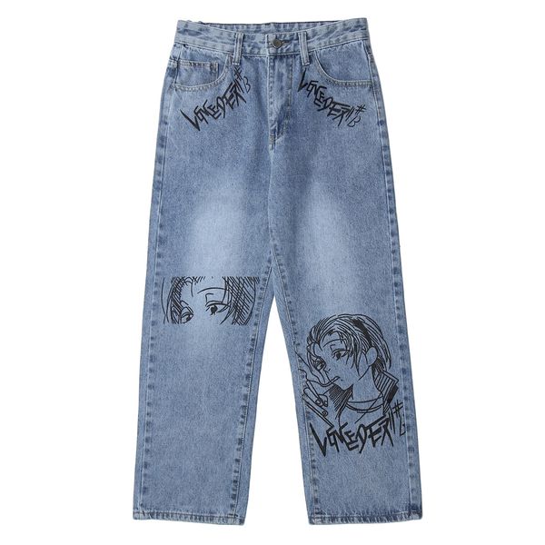 

hip hop jeans male streetwear harajuku comics graffiti denim pants oversized loose casual joggers men trousers 201117, Blue