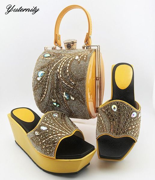 

african design decorated with rhinestone pumps shoes and purse set for wedding nigerian yellow color slipper shoes and bag set1, Black