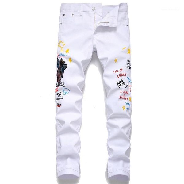 

men's jeans fashion print white 2021 casual design streetwear skinny for men1, Blue