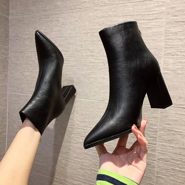 

boots european pointed thick heel back zipper women, Black