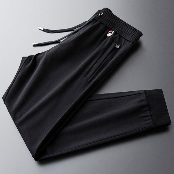 

spring and summer new style light luxury quality knitted stretch fabric sports pants solid color slim pocket zipper guard pants, Black