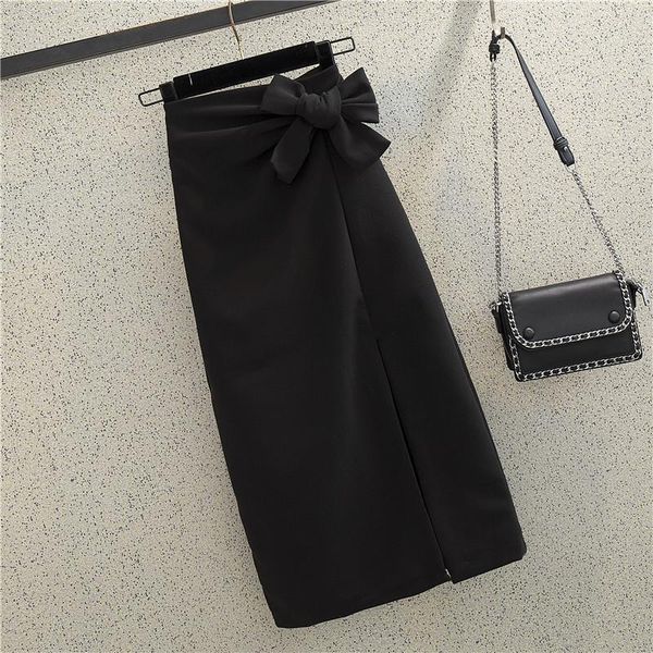 

new 2021 women midi girdle skirt with elegant front slit color solid high ladies work out career outfits y385 76vt e0mp, Black