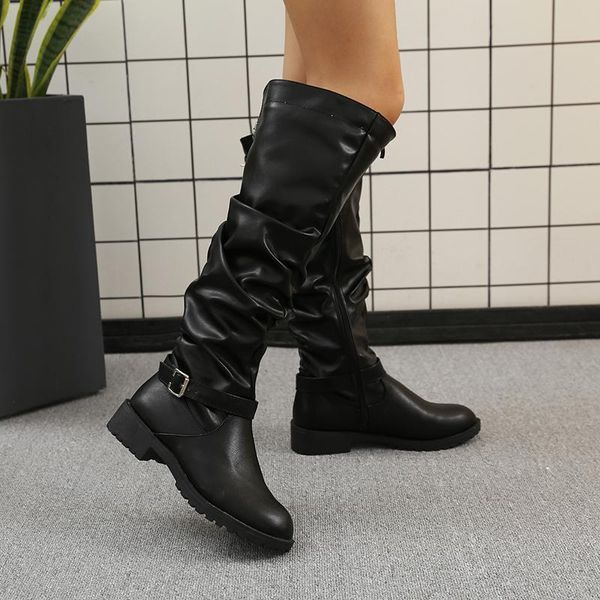 

knee high boots women 2020 fashion leather boots winter platform punk style zipper tall water shoes for female plus size, Black