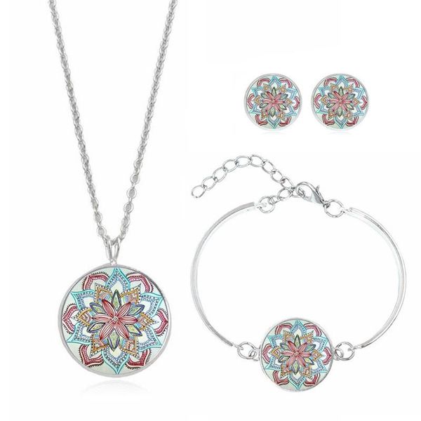 

mandala flower time necklace set necklace + earrings + bracelet jewelry set, Silver