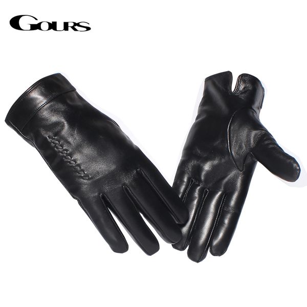 

gours genuine leather for men fashion brand real sheepskin weave black touch screen gloves warm winter mittens new gsm055, Blue;gray