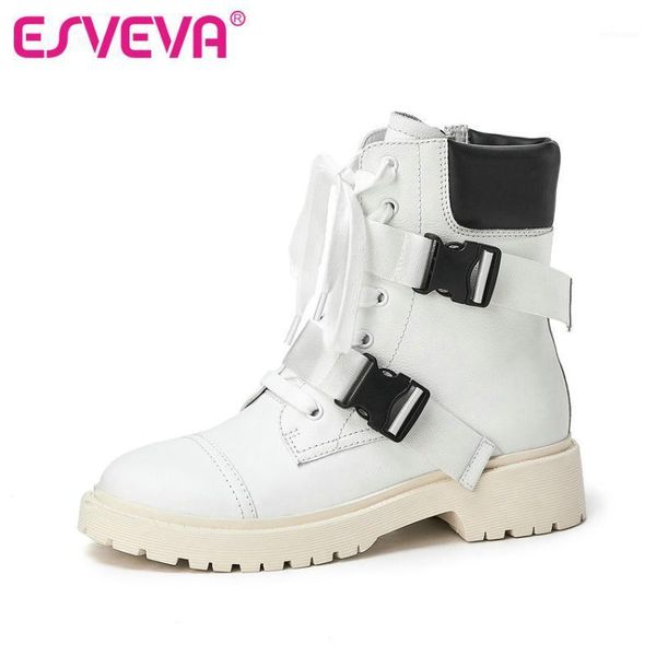 

boots esveva 2021 autumn women shoes lace up ankle square low heel leather +pu round toe motorcycle platform size 34-391, Black