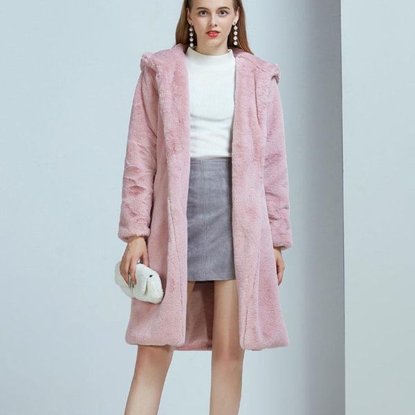

faux fur hooded fur coat female long winter plush cardigan coat, Black