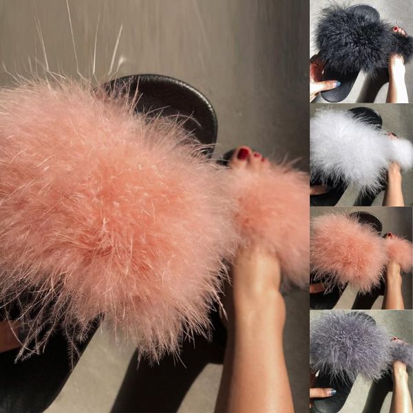 

2020 pink fur slippers women real fur slides home furry flat sandals female cute fluffy house shoes woman 20201, Black