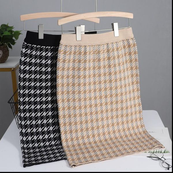 

houndstooth knitted women sweater skirt elastic high waist midi pencil skirt bodycon long skirt jupe femme faldas, Black